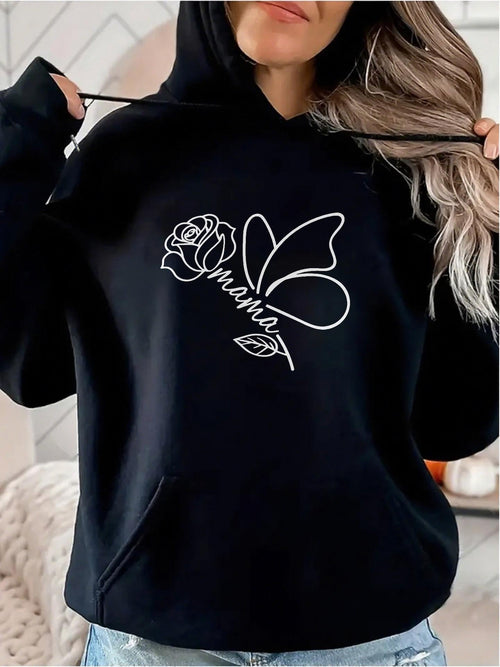 Women's Graphic Hoodie Mama With Delicate Rose And Soft Outlined Butterfly Motif Hoodie