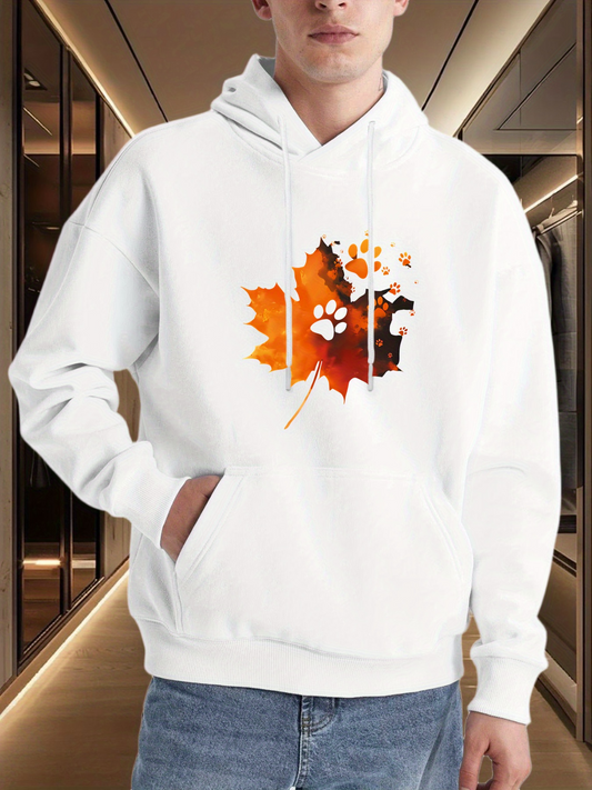 Men's Graphic Hoodie Autumn Colors With Paw Print On Maple Leaf