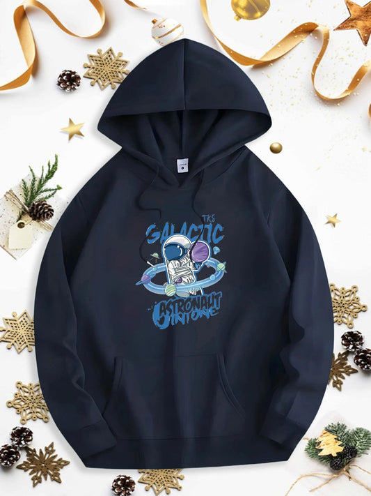 Men's Graphic Hoodie Galactic Adventure Floating Astronaut And Planets Among Blue Swirling Cosmos