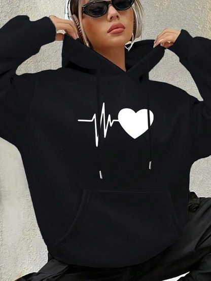 Women's Graphic Hoodie Heartbeat Pulse Line With White Symbolic Cartoon Heart