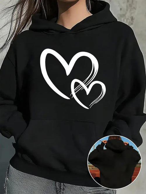 Women's Graphic Hoodie Two Interlocking White Hearts With Artistic Flowing Lines Hoodie