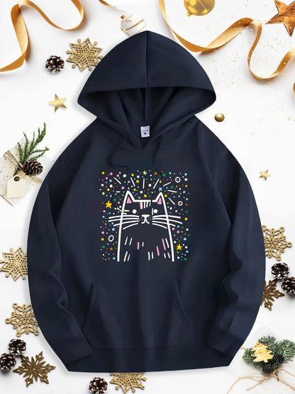 Men's Graphic Hoodie Colorful Confetti And Starbursts Surrounding Playful Cat