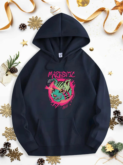 Men's Graphic Hoodie Majestic Color Splash Pattern Around A Graceful Green Cat