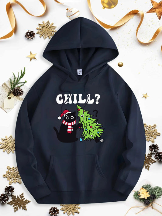 Men's Graphic Hoodie Chill Cozy Black Cat Wearing Scarf Lying Under Green Christmas Tree