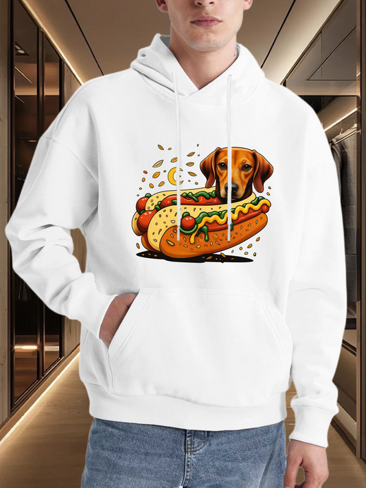 Men's Graphic Hoodie Colorful Whimsical Mustard Relish Bun With Playful Brown Sausage Dog