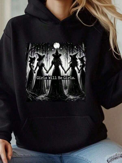 Women's Graphic Hoodie Girls Will Be Girls Holding Hands Under Full Moon Witch