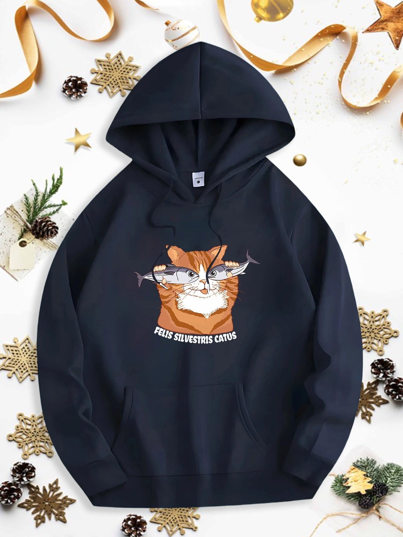 Men's Graphic Hoodie Great Adventurous Catfish Swimming With Playful Orange Cat Among Waves