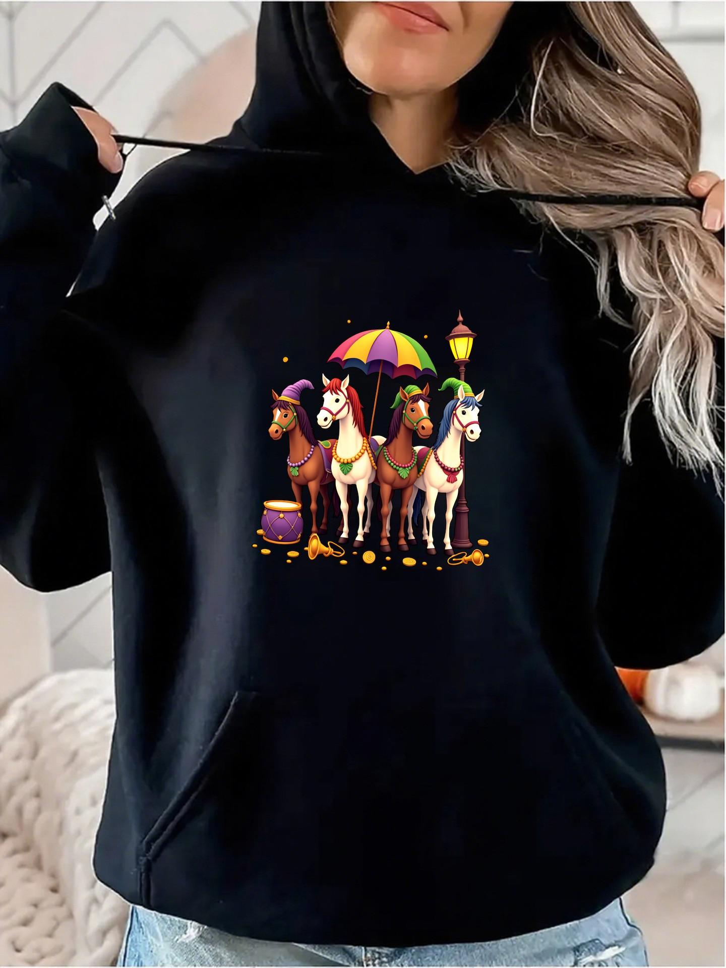 Women's Graphic Hoodie Colorful Umbrella With Standing Horses Under Lamplight Night Scene