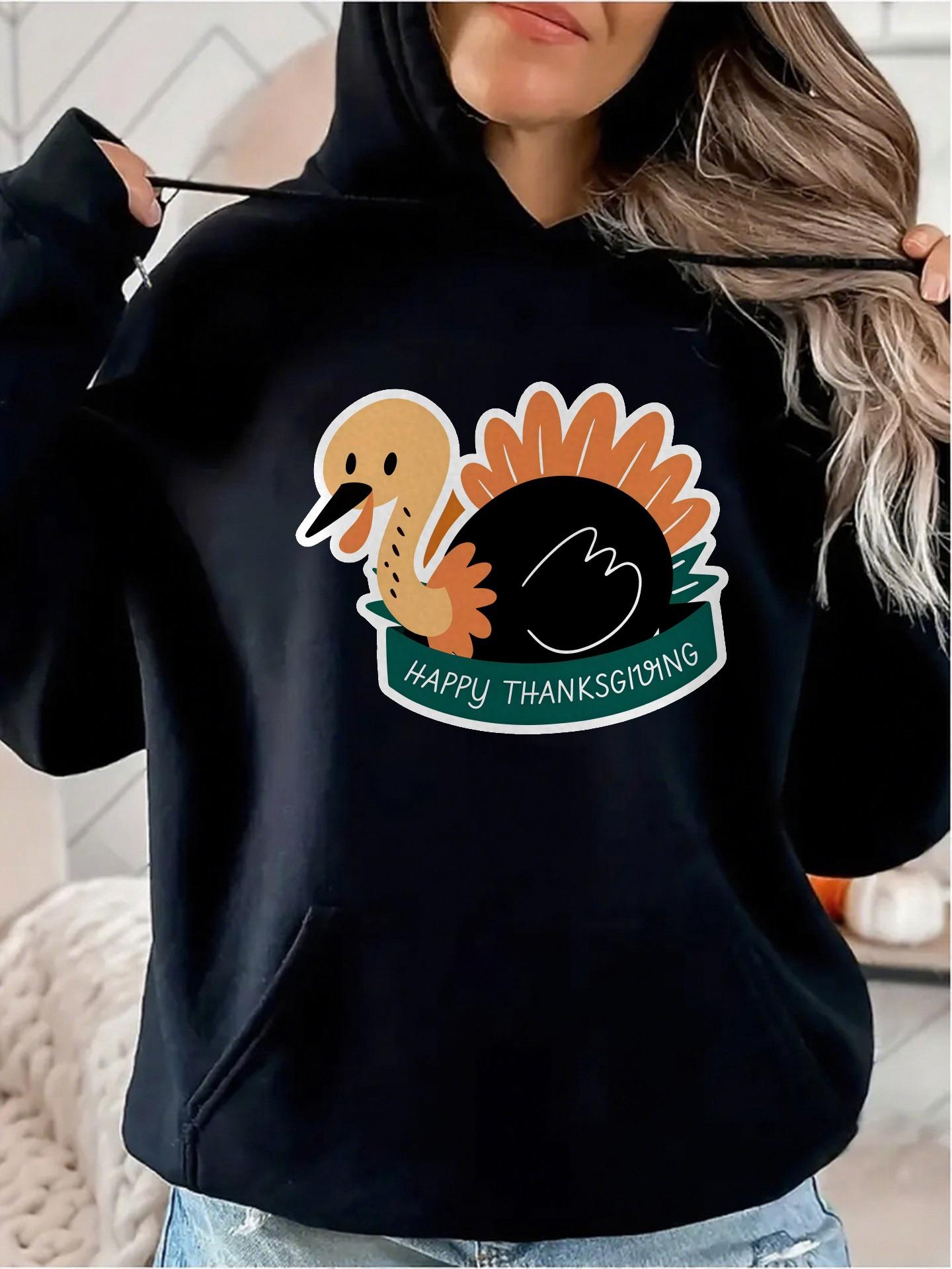 Women's Graphic Hoodie Happy Thanksgiving Festive Autumn Turkey With Decorative Colorful Feathers Illustration