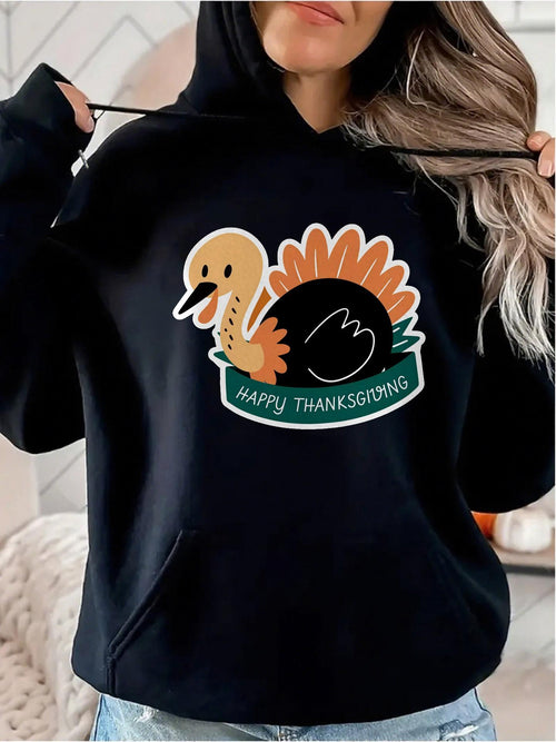Women's Graphic Hoodie Happy Thanksgiving Festive Autumn Turkey With Decorative Colorful Feathers Illustration