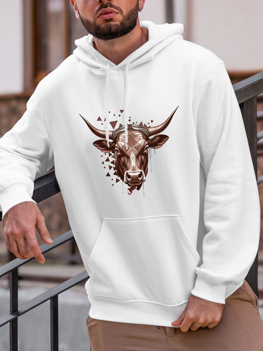 Men's Graphic Hoodie Fragmented Star Elements Surrounding Majestic Bull Head
