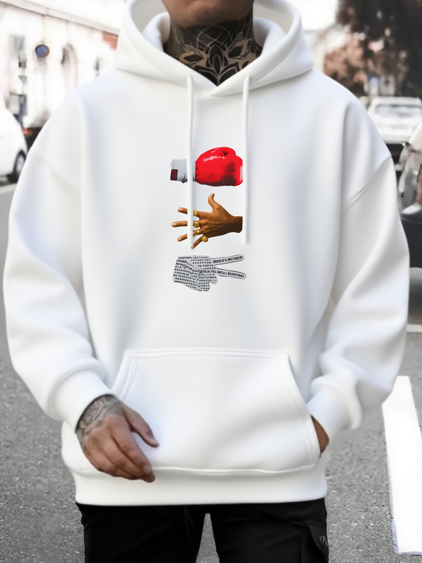 Men's Graphic Hoodie Playful Multicultural Hands And Red Hat Against Urban Background
