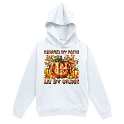 Men's Graphic Hoodie Carved By Faith Lit By Grace Autumn Pumpkin With Leaves Surrounded By Golden Light