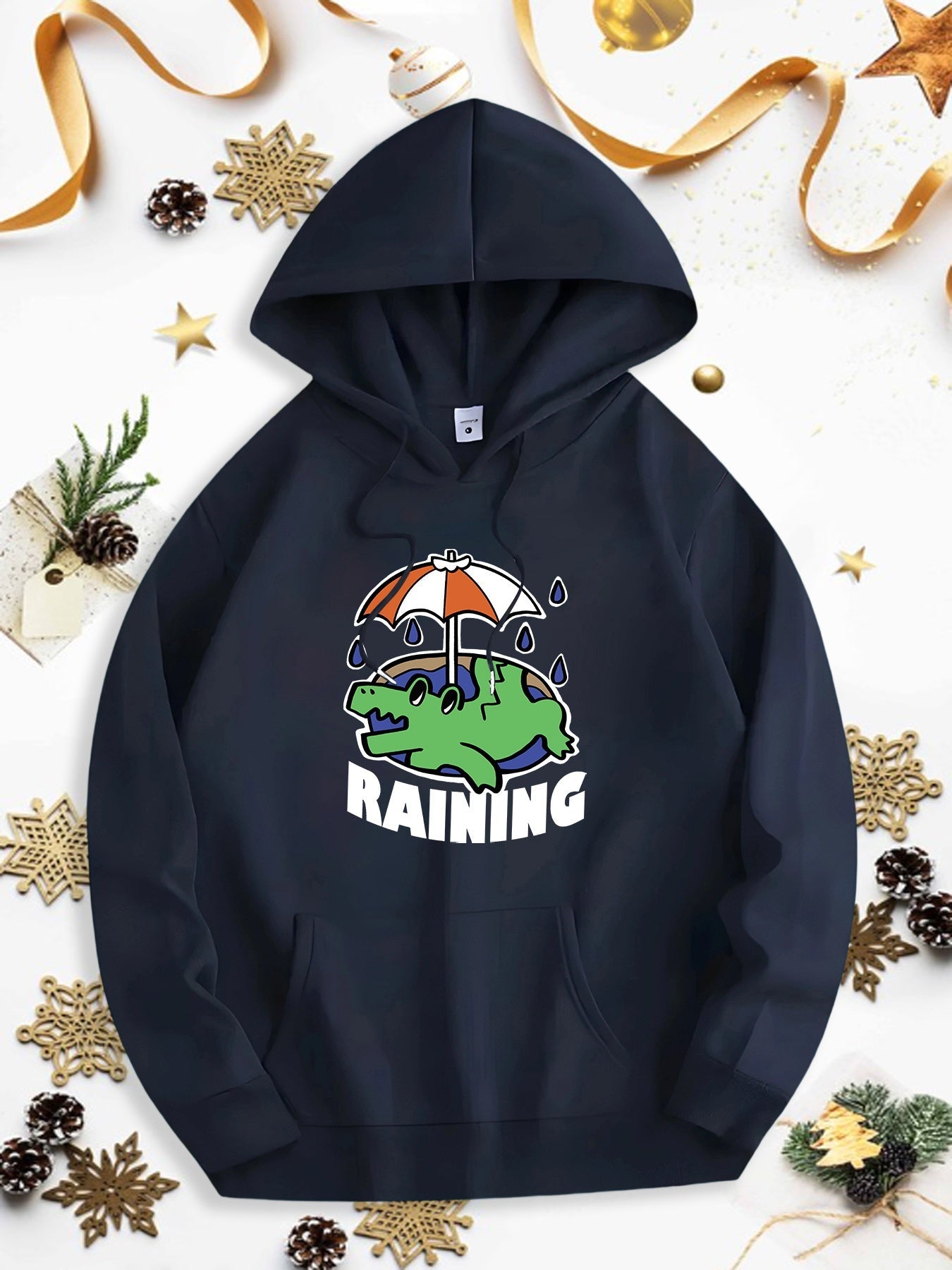 Men's Graphic Hoodie Raining Playful Cartoon Style Frog Under Umbrella With Falling Raindrops
