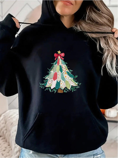 Women's Graphic Hoodie Colorful Holiday Lights With Red Ribbon And Star Adorning Christmas Tree