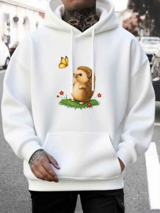 Men's Graphic Hoodie Cute Hedgehog Sitting On Grass Watching A Yellow Butterfly Hedgehog