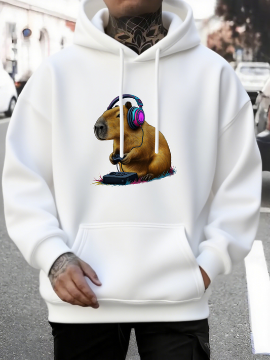 Men's Graphic Hoodie Capybara With Headphones Playing Electronic Music Device