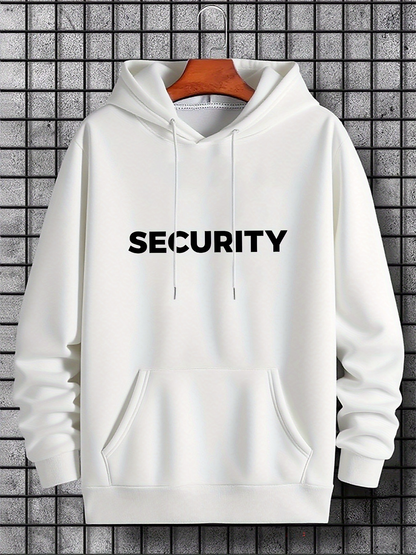 Men's Graphic Hoodie Security Bold Black Letters On Minimalist White Hoodie Security