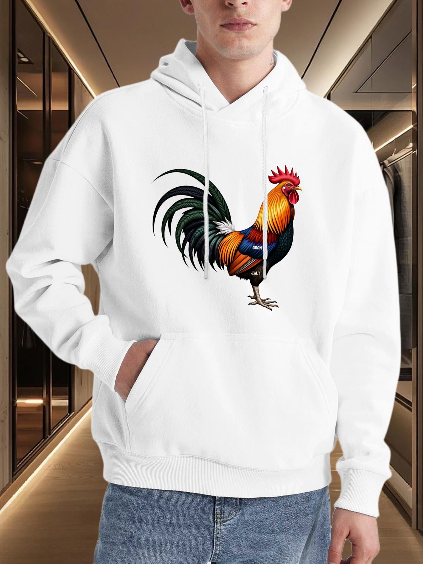 Men's Graphic Hoodie Vivid Colorful Feathers Standing Proudly In Silent Hallway Rooster