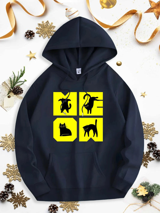 Men's Graphic Hoodie Four Bright Yellow Blocks With Cartoon Animals Cat Goat Deer