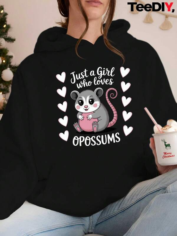 Women's Graphic Hoodie Just A Girl Who Loves Hearts And Cute Gray Animal Opossum
