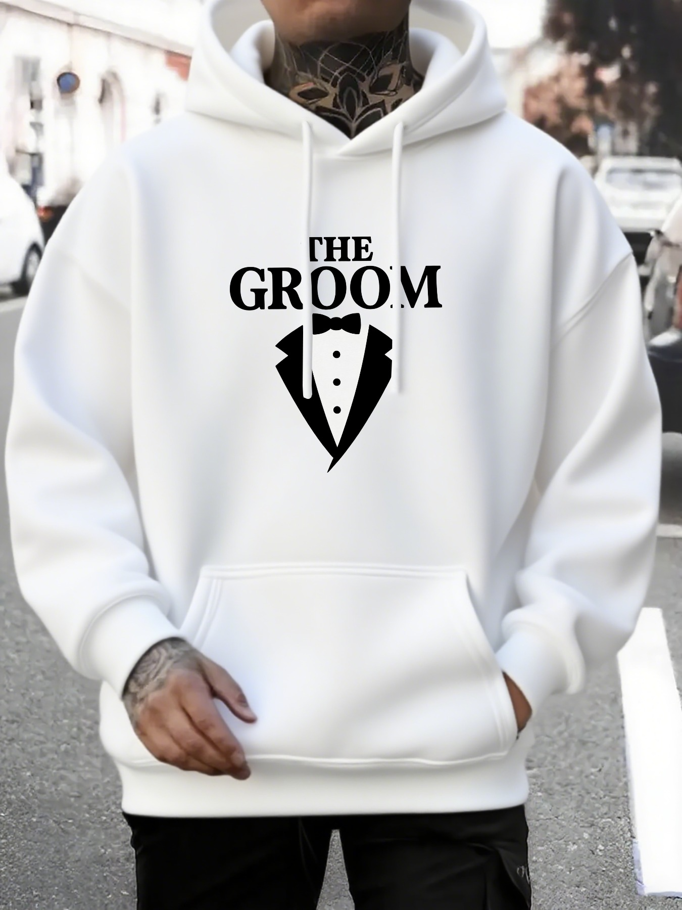 Men's Graphic Hoodie The Groom With Black Tuxedo Graphic White Hoodie