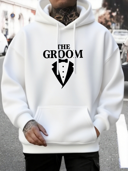 Men's Graphic Hoodie The Groom With Black Tuxedo Graphic White Hoodie