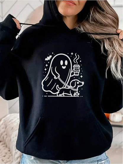 Women's Graphic Hoodie Adorable Cartoon Ghost With Coffee Walking Small Dog Hoodie