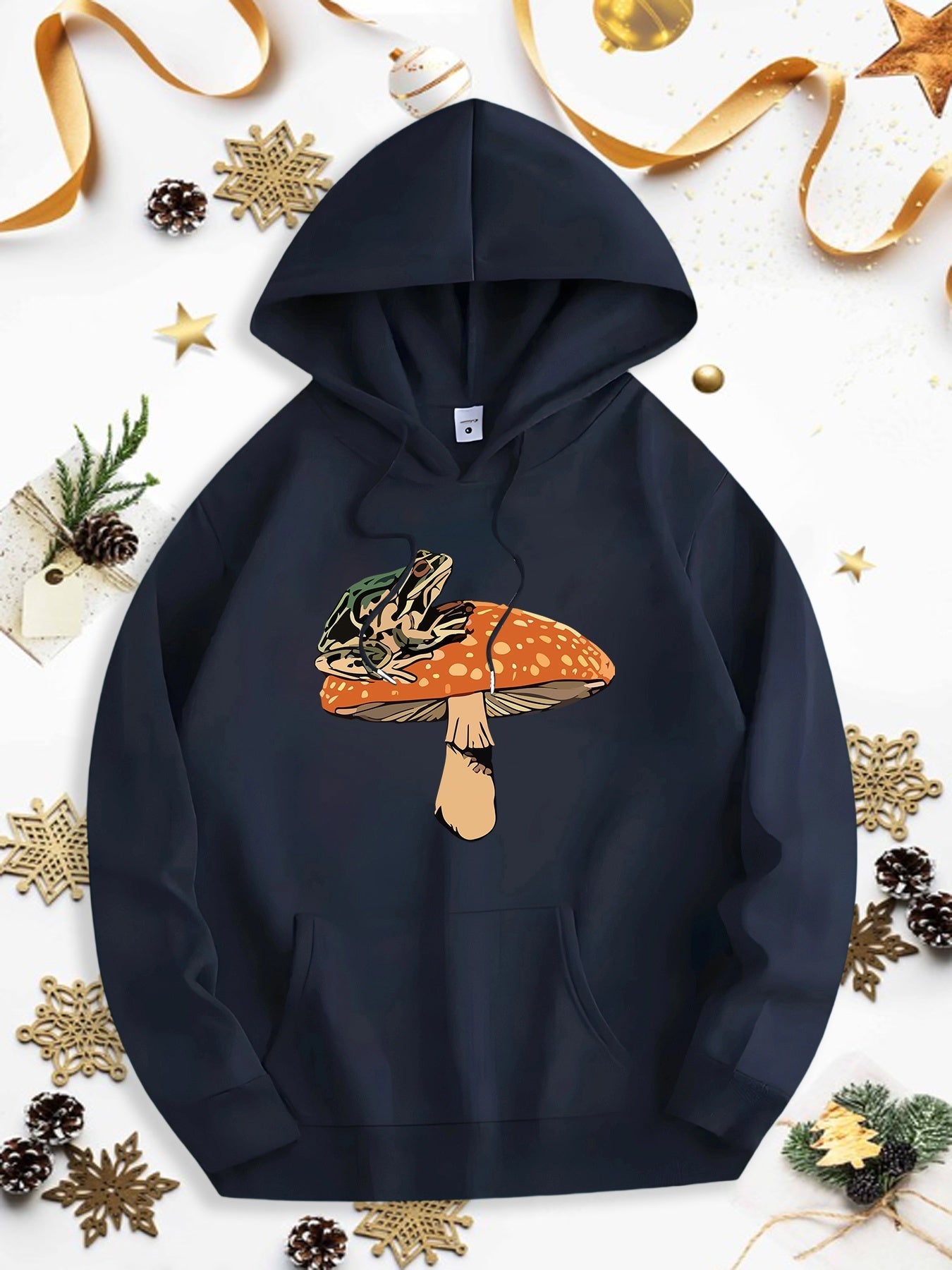 Men's Graphic Hoodie Whimsical Forest With Moss And Wild Frogs On Mushroom