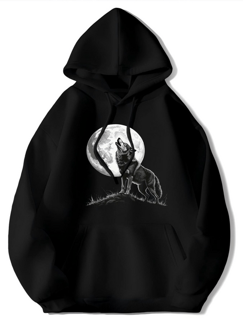 Men's Graphic Hoodie Nighttime Wilderness Howling At The Bright Full Moon Wolf