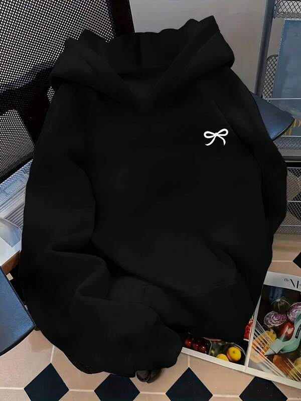 Women's Graphic Hoodie Minimal White Embroidered Bowknot On Cozy Black Hoodie