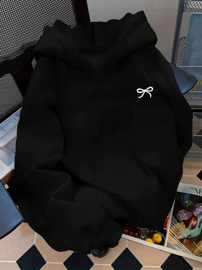 Women's Graphic Hoodie Minimal White Embroidered Bowknot On Cozy Black Hoodie