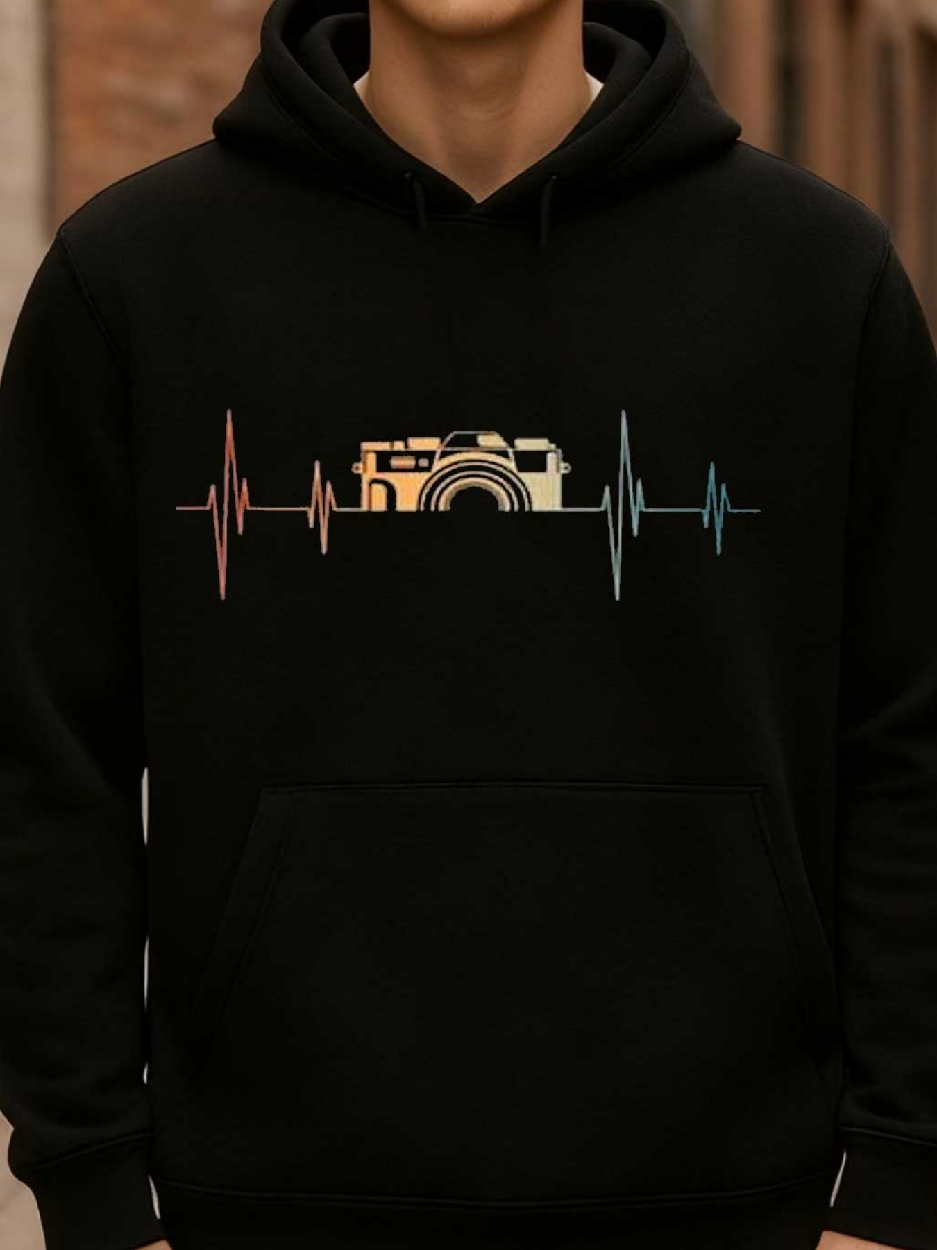 Men's Graphic Hoodie Colorful Soundwave Pattern With Retro Camera And Night Vibes Camera