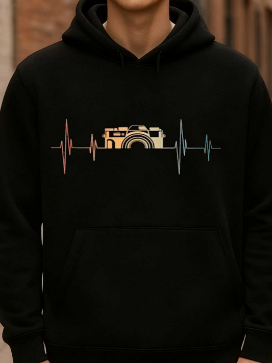 Men's Graphic Hoodie Colorful Soundwave Pattern With Retro Camera And Night Vibes Camera