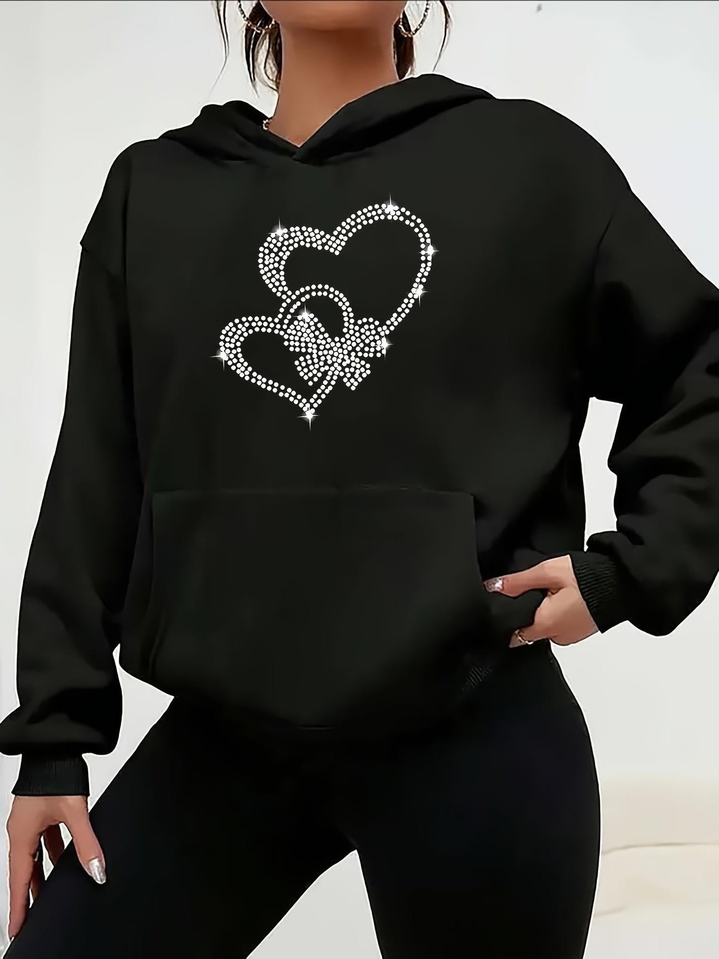 Women's Graphic Hoodie Intricate Gemstone Pattern Intertwined Double Hearts On Black Fabric Heart