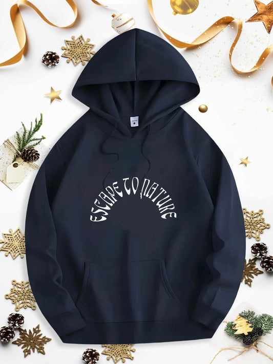 Men's Graphic Hoodie Escape To Nature Curved Artistic Letters On Cozy Black Hoodie