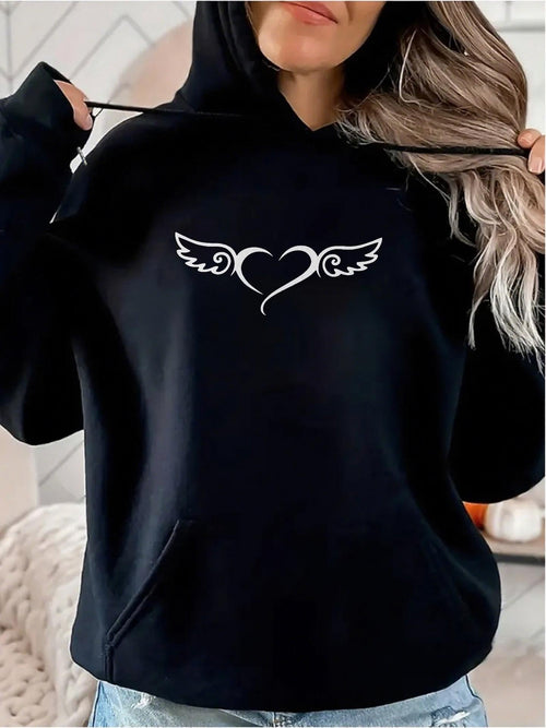 Women's Graphic Hoodie Ornate Heart With Swirling Lines Forming Angel Wings Hoodie