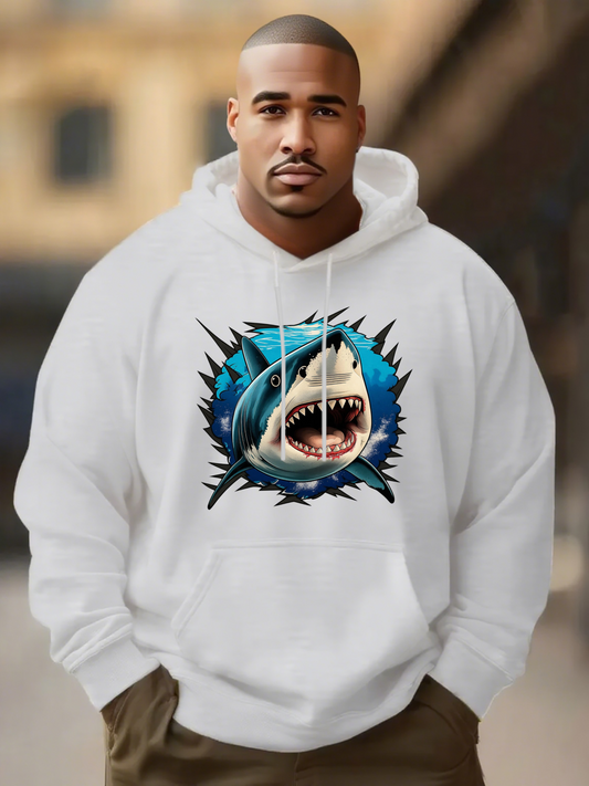 Men's Graphic Hoodie Bold Blue Splash With Fierce Jaw Open Predatory Shark