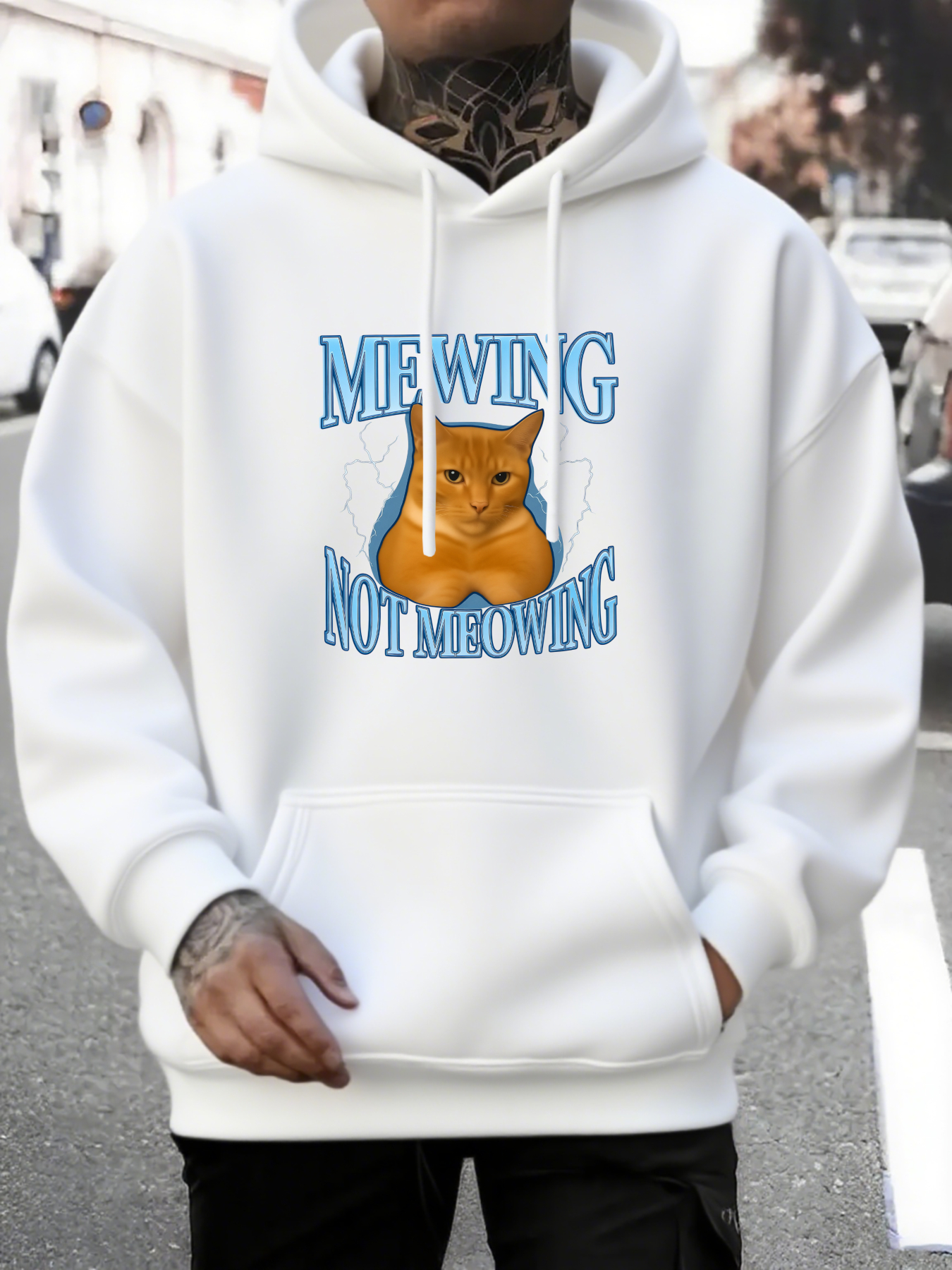 Men's Graphic Hoodie Meowing Not Meowing Playful Kitten Among Blue Lettering On Hoodie