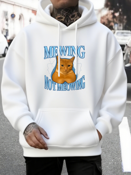 Men's Graphic Hoodie Meowing Not Meowing Playful Kitten Among Blue Lettering On Hoodie