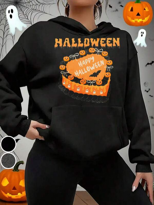 Women's Graphic Hoodie Halloween Pumpkin Cake Surrounded By Spooky Ghosts And Bats Under Halloween Moonlight Hoodie