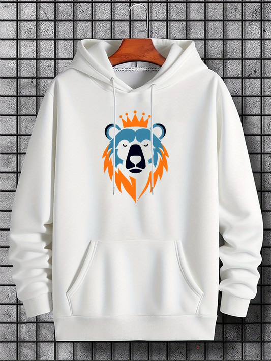 Men's Graphic Hoodie Playful Blue Orange Crowned Bear Portrait Hoodie