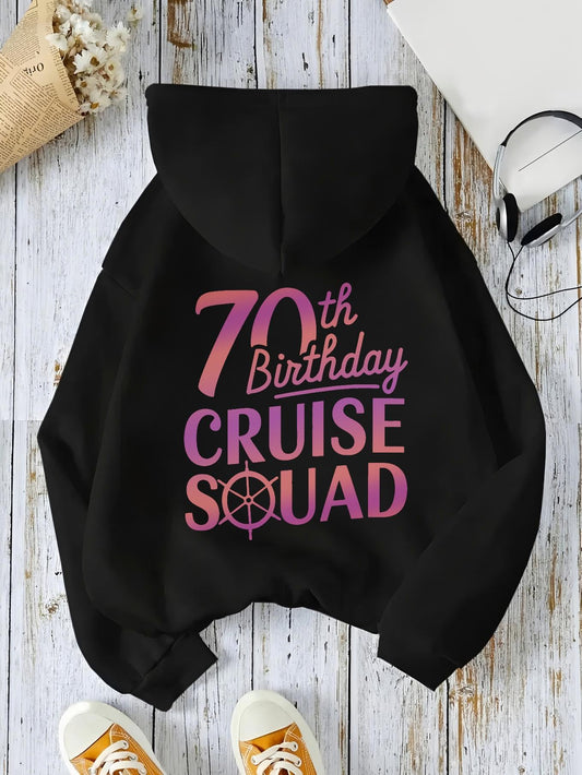 Women's Graphic Hoodie Seventieth Birthday Lettering With Pink Nautical Wheel Cruise Squad