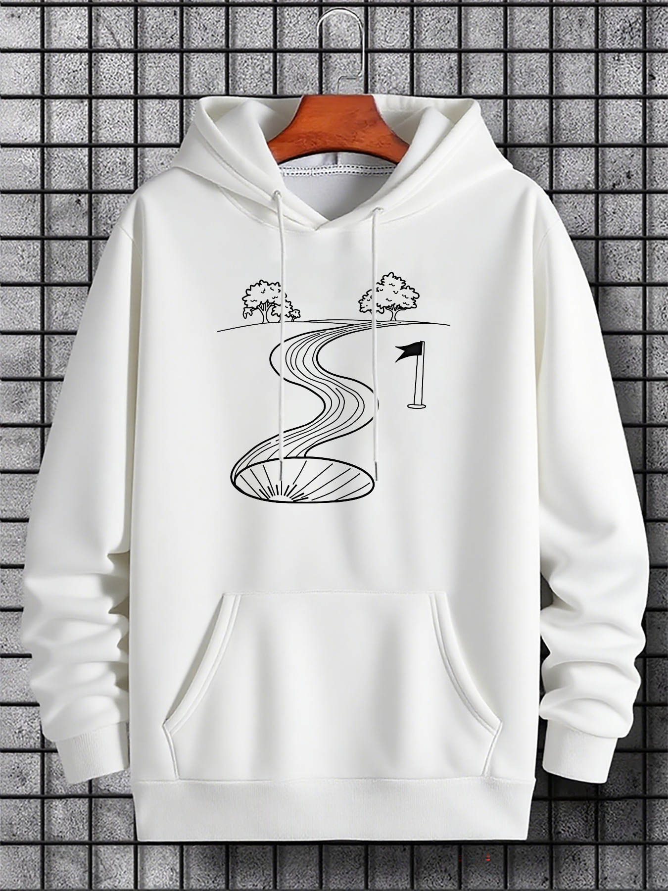 Men's Graphic Hoodie Winding Path Passing Flag And Trees Over Spiral Hole