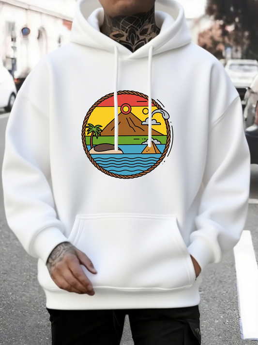 Men's Graphic Hoodie Colorful Sunset Horizon With Palm Trees Surfboard Ocean Waves And Mountains