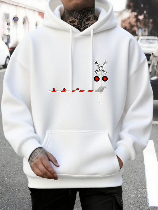 Men's Graphic Hoodie Railway Signal Crossing With Minimalist Modern Lines And Playful Bird