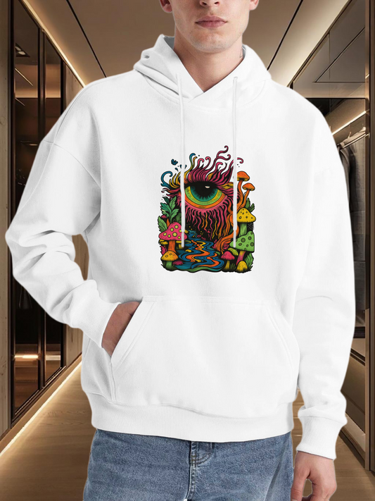 Men's Graphic Hoodie Colorful Surreal Eye Surrounded By Mushrooms In A Fantasy Forest Scene