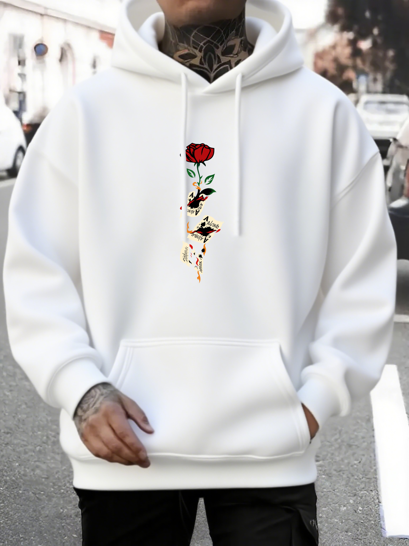 Men's Graphic Hoodie Delicate Hand Holding Red Rose Among Minimalist Stems Flower
