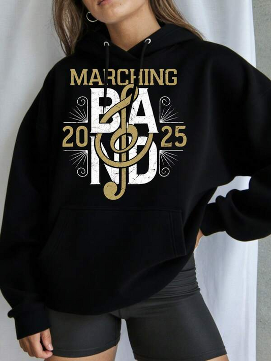 Women's Graphic Hoodie Marching Band Bold Graphic Letters With Golden Musical Notes And Year Numbers Band