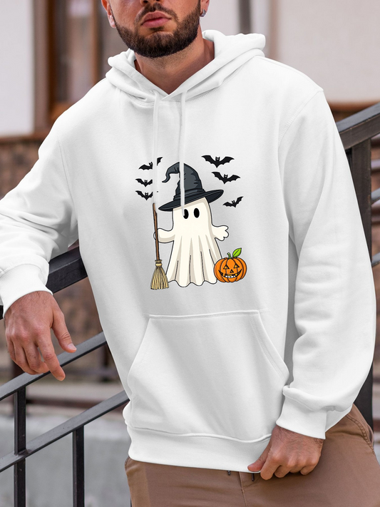 Men's Graphic Hoodie Halloween Night With Flying Bats Pumpkin And Witch Hat Ghost